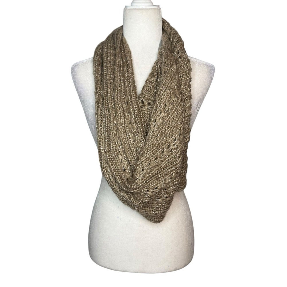 NWT Y2K Buckle Shawl Wrap Scarf Crochet Knit Beige Tan VERSATILE Shimmer Sequin